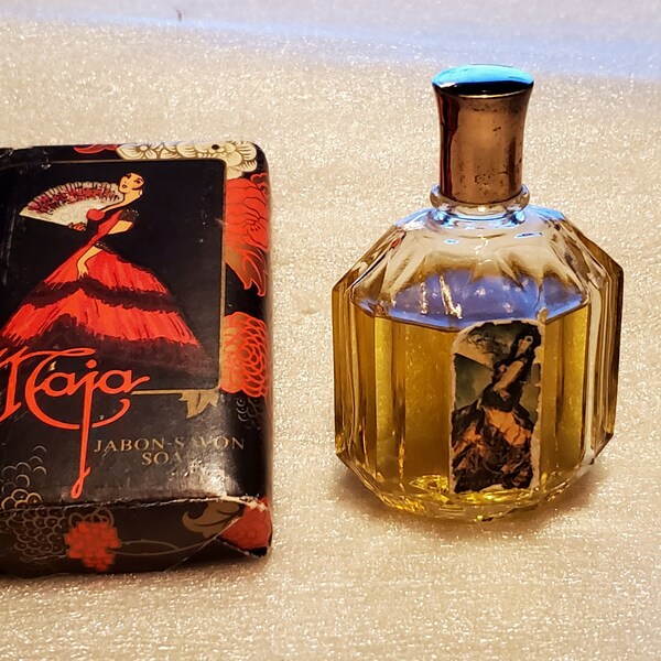 Vtg NUEVA MAJA Perfume 1 oz and bar SOAP 2.6 oz., Myrurgia Perfumery Spain, 1960s, perfume is pre-owned three quarters full