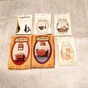 6 CHRYSNBON DOLLHOUSE kits Drop Leaf Table with Chairs, Teacart with China Shelf, Arrowback Rocker, Coal Scuttle, Chamber Set, Bracket Lamp