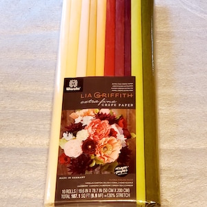Lia Griffith WEROLA extra-fine CREPE PAPER 10 colors, 10 roll package 19.6 x 78.7 in ea, 130% Stretch. Crepe Paper Revival, Made in Germany