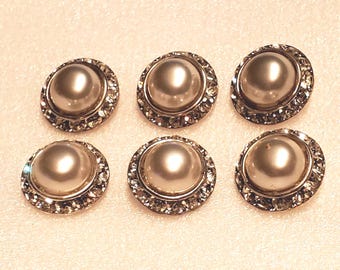 6 RHINESTONE, Faux PEARL BUTTONS, 3/4 in dia. Shank, Pearl Center Surrounded w Ring of Channel Set Faceted Crystal-Clear stones, Silver Tone