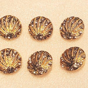 6 RHINESTONE BUTTONS, gold-tone METAL, crystal clear faceted rhinestones, 3/4 inch diameter, shank, open design, (sort of sand dollar shape)