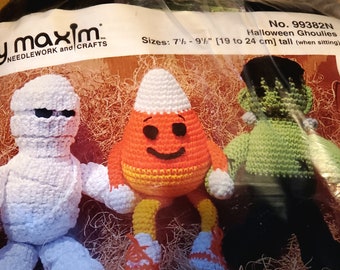 MARY MAXIM HALLOWEEN Ghoulies, Crochet Kit, Mummy, Frankenstein, Candy Corn dolls, 7.5 to 9.5 inches tall, kit no. 99382N, instructions yarn