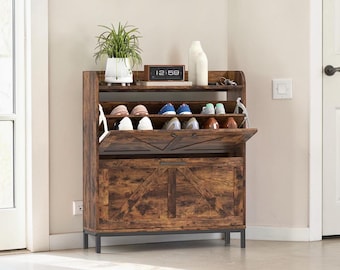 Shoe Storage Cabinet 2 Flip Drawers Slim Entryway Shoe Rack Rustic Brown