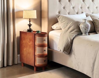3-Drawer Rattan End Table Vintage Style Walnut Finish Side Table