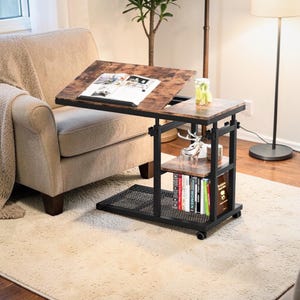 Height Adjustable C-Shaped Table on Wheels with Tilting Top, Portable Laptop Snack Tray Stand