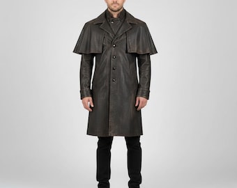 メンズ ブラックレザー ダスターコート ウエスタン カウボーイスタイル