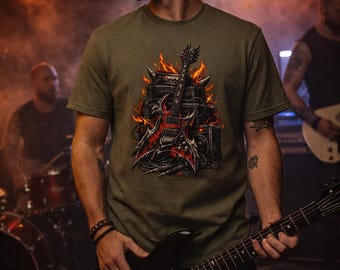 Rockgitarren-T-Shirt, Heavy Metal-Grafik-T-Shirt, E-Gitarren-Verstärkerdesign, Rockband-Shirt, Gitarrenliebhaber Geschenk, Musiker-T-Stück, Unisex Hemd