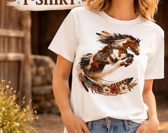 Springpferd T-Shirt, Reiter Grafik T-Shirt Western Boho Pferd Shirt, Pferdeliebhaber Geschenk, Rodeo Style T-Shirt Cowgirl Outfit Einzigartiges Pferd Design