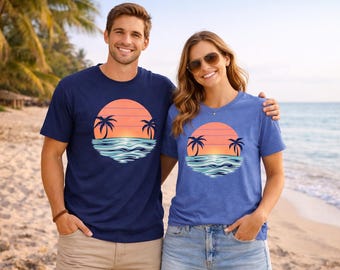 Retro Sonnenuntergang Palme T-Shirt, Tropischer Strand Grafik T-Shirt, Sommerferien Shirt, Vintage Ozeanwellen T-Shirt, Küstenästhetik Unisex Shirt