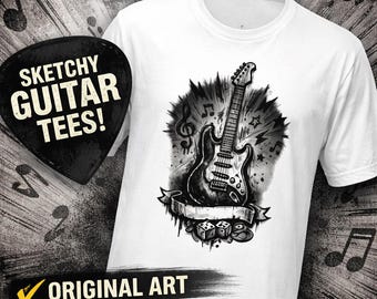Skizzenhaftes Gitarren-T-Shirt, Rockmusik-T-Shirt, E-Gitarren-Shirt, Musik-Liebhaber-Geschenk, Grunge Art Band T-Shirt, Gitarrist Shirt, Rocker-Grafik-T-Shirt