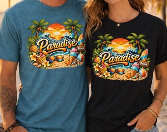 Paradise Beach T-Shirt, tropische Sonnenuntergang Palme Grafik T-Shirt, Sommerferien Shirt