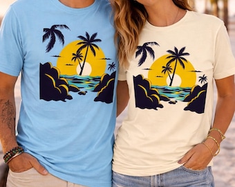 Retro Tropischer Sonnenuntergang Palme T-Shirt, Strand-Grafik-T-Stück, Küstensommer-Shirt