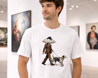 Camiseta surrealista con hombre paseando a su perro / Camiseta de arte onírico / Camiseta con estampado abstracto de cabeza de nube / Ropa urbana artística única / Regalo para amantes del arte