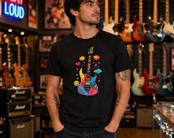 T-shirt guitare pop art | T-shirt coloré pour guitare électrique | Cadeau pour mélomane | Chemise graphique rétro audacieuse | Haut unisexe streetwear