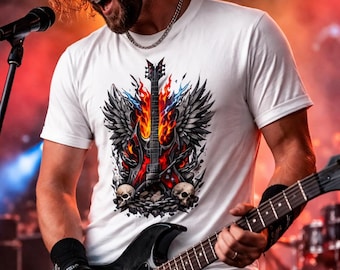 Flammendes Gitarren-T-Shirt, Heavy Metal Grafik-T-Shirt, Rockband-Art-Shirt, E-Gitarren-Kunst, Schädel-Gitarren-Shirt, Geschenk für Gitarrist