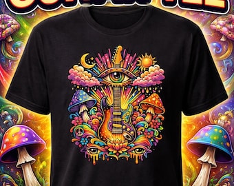 Psychedelische Gitarre T-Shirt, Trippy Musik T-Shirt, Festival Shirt, E-Gitarre Kunst, Retro Psychedelische Kleidung, Geschenk für Gitarrenspieler