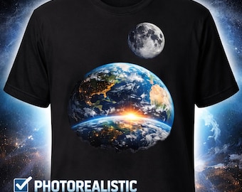 Erde & Mond T-Shirt, Weltraum Grafik T-Shirt, Photorealistische Planeten Shirt, Astronomie Geschenk, Kosmisches Universum T-Shirt, Sci Fi Weltraum Shirt