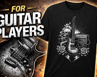 E-Gitarren Skull T-Shirt | Rock Band T-Shirt | Metall-Gitarren-Shirt | Musiker Geschenk | Vintage Ink Style Graphic Tee | Rocker Bekleidung