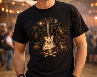 Primitive E-Gitarre T-Shirt | Höhlen-Kunst-Felsen-T-Stück | Stammes-Musik-Shirt | Einzigartiges Gitarrist Geschenk | Vintage Style Band T-Shirt