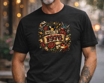 Born In 1976 T Shirt Vintage Tattoo Stil | 50. Geburtstag Geschenk Retro Old School Ink Tee 1976 Geburtstag Shirt Männer Frauen Klassisches Tattoo Design