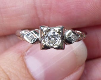 1940s Art Deco Engagement Ring; .05 ctw Solitaire; YellowWhite Gold Box Setting 1930s Anniversary Stacking Size 8 LB367 Wedding