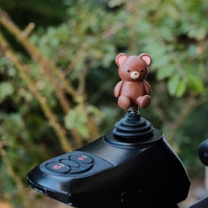 Puede incluir: Una figura de oso de peluche marrón sobre un controlador de joystick negro. El controlador tiene botones rojos y blancos. El fondo es follaje verde borroso.