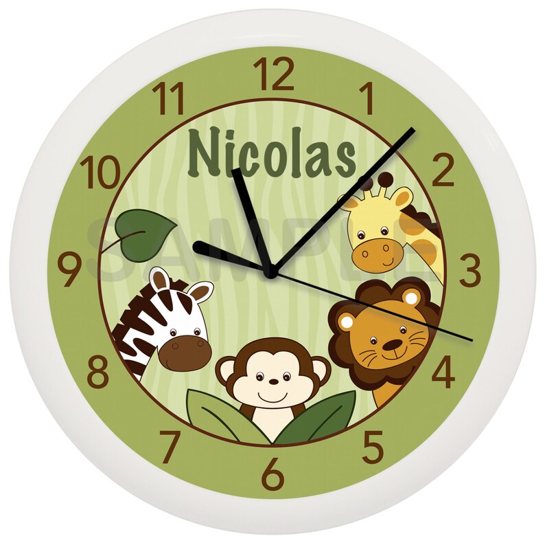 Safari Jungle Animal Personalized Nursery Wall Clock Any Name Etsy