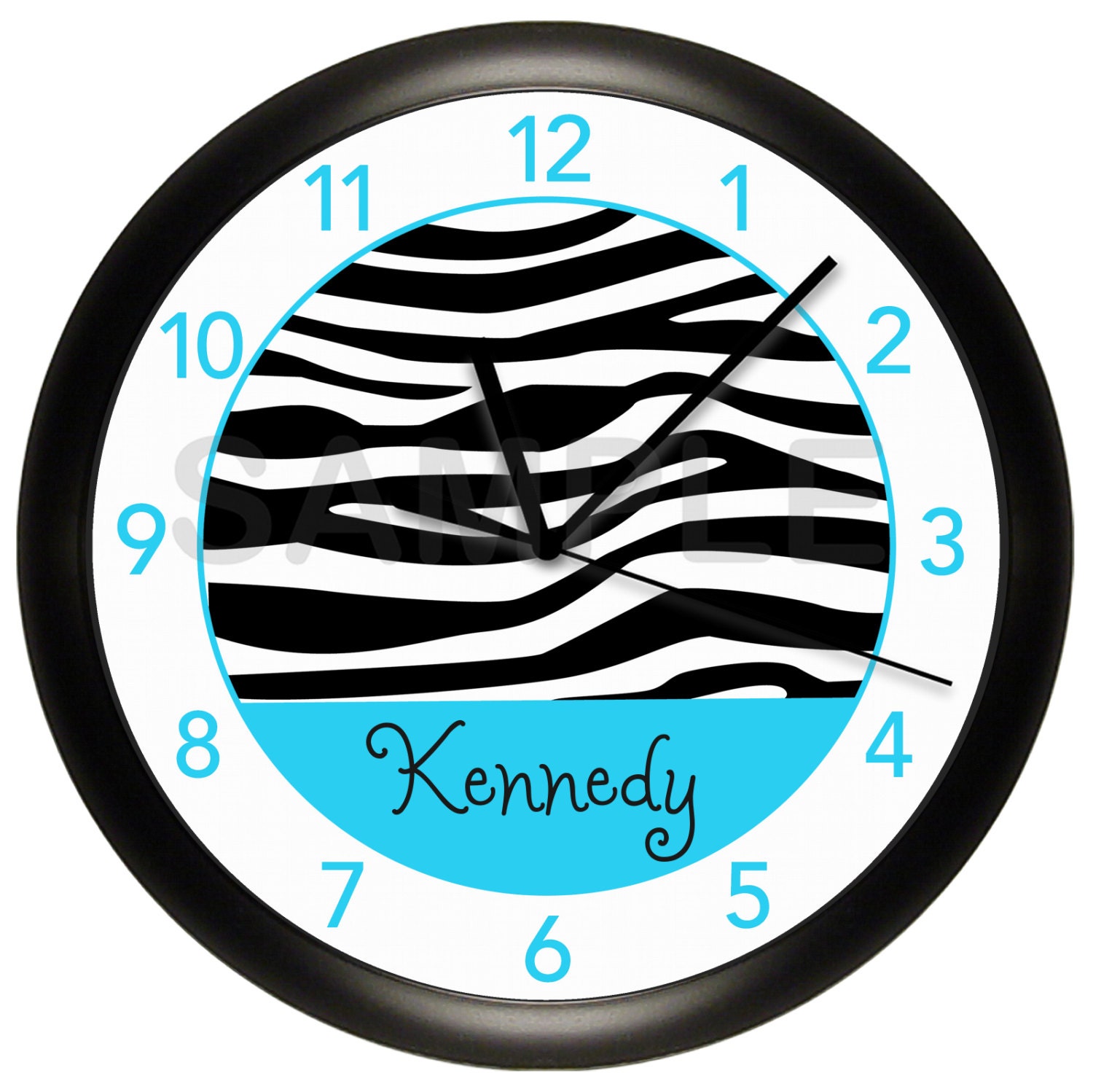 TURQUOISE BLUE AND BLACK ZEBRA PRINT WALL CLOCK PERSONALIZED GIRLS BEDROOM DECOR 
