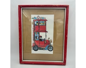 Vintage-Illustration eines roten Doppeldeckerautos, signiert von Patrick, gerahmt, Pop-Art-Kinderzimmer