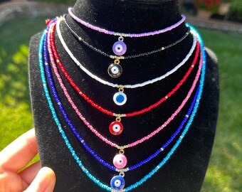 Handmade Seed Bead Evil Eye Necklace, Trendy Stackable Jewelry