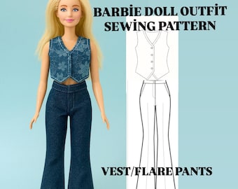 Barbie Schnittmuster | Weste und Schlaghose | Sofortdownload | Doll Top & Rock Muster | 11,5-Zoll-DIY-Barbie-Kostüm / Herunterladbar