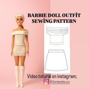 Barbie Outfit Sewing Pattern | Off Shoulder Top & Mini Skirt | 11.5” Doll PDF/ Barbie Pattern Set | Top and Skirt | Easy Doll Sewing Pattern