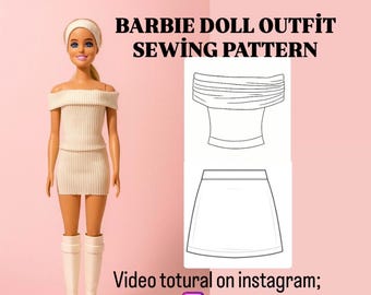 Barbie Outfit Sewing Pattern | Off Shoulder Top & Mini Skirt | 11.5” Doll PDF/ Barbie Pattern Set | Top and Skirt | Easy Doll Sewing Pattern
