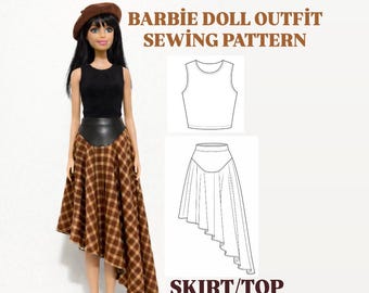 Patrón de costura de ropa para muñeca Barbie - PDF de moda en miniatura - Patrón de ropa para muñeca imprimible / Patrón de ropa para muñeca DIY / Falda y top en miniatura /