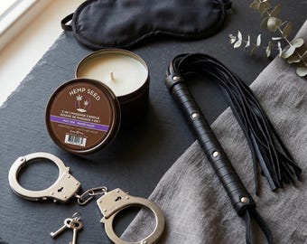 BDSM Gift Set with Handcuffs, Whip and Hemp Massage Candle - Couples Date Night Box