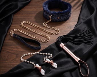 BDSM Set with Fur Collar Leash, Black Flogger and Pearl Nipple Clamps Gift Box