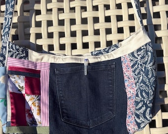 Reversible Patchwork Tote Bag | Upcycled Fabric Shoulder Bag