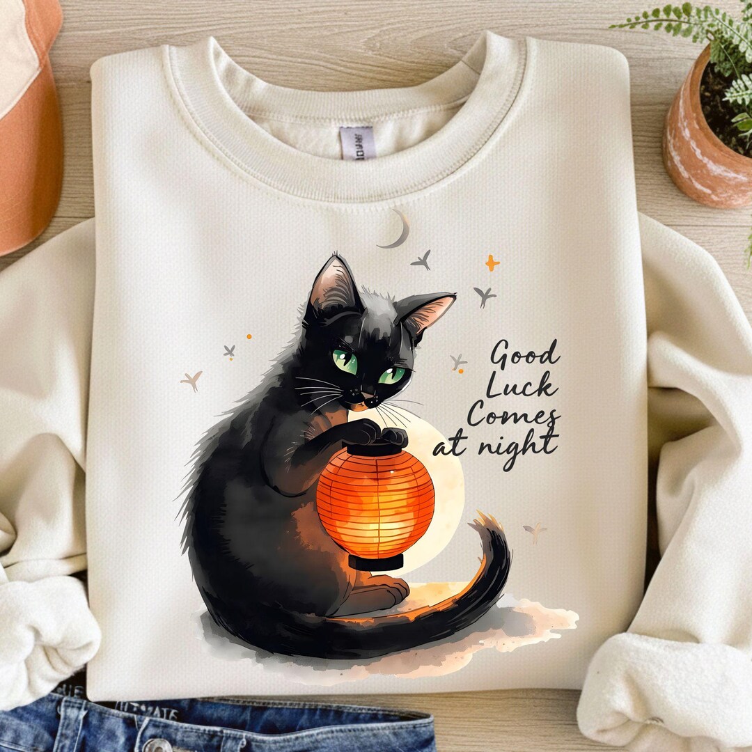 Good Luck Black Cat Lantern – Japanese Zen Watercolor Printable Wall ...