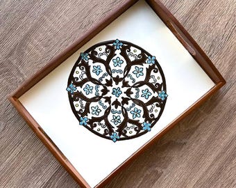 Painted Ceramic Tray, Rustic Serving Tray, Handmade Ceramic Tray, Tray with Ceramic Tile, Persian Design Tile Tray, Mother’s Day Gift