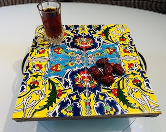 Handmade Persian Tile Serving Tray, Colourful Ceramic Tea Tray, Middle Eastern Home Decor