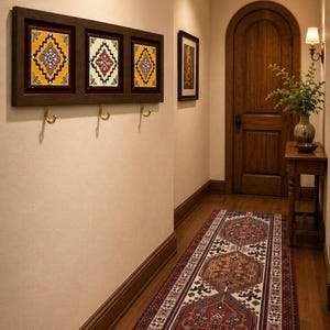 Hand-Painted Tile Key Holder | Persian-Inspired Wall Hooks | Caucasian Rug Wall Decor | Entryway Wall Decor | Handmade Gift