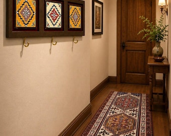 Hand-Painted Tile Key Holder | Persian-Inspired Wall Hooks | Caucasian Rug Wall Decor | Entryway Wall Decor | Handmade Gift