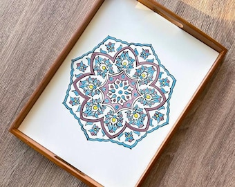 Rustic Serving Tray, Handmade Ceramic Tray, Tray with Ceramic Tile, Persian Design Tile Tray, Painted Ceramic Tray, Mother’s Day Gift