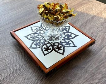Decorative Ceramic Tray, Tray with Ceramic Tile, Rustic Serving Tray, Handmade Ceramic Tray, Persian Design Tile Tray, Mother’s Day Gift