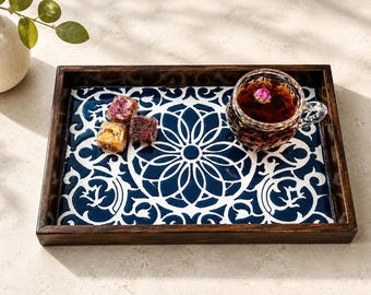 Wooden Serving Tray with Ceramic Tile, Modern Design Tile Tray, Decorative Serving Tray, Painted Ceramic Tray, Mother’s Day Gift