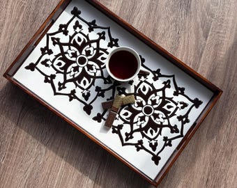 Wooden Serving Tray with Ceramic Tile, Persian Design Tile Tray, Decorative Serving Tray, Painted Ceramic Tray, Mother’s Day Gift