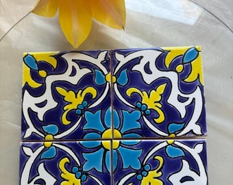 Hand-painted blue & yellow ceramic tile set serving tray/Mothers day gift serving tray/ perfect gift for any Ocasion