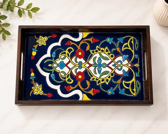 Wooden Serving Tray with Ceramic Tile, Modern Design Tile Tray, Decorative Serving Tray, Painted Ceramic Tray, Mother’s Day Gift