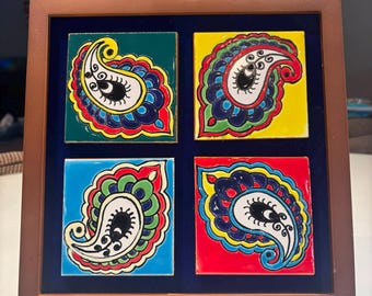 Hand-Painted Ceramic Tile Art, Custom Boteh Motif, Middle Eastern Decor
