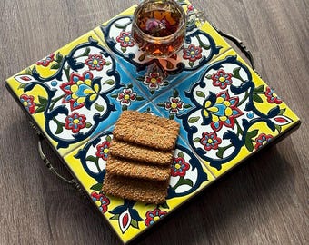 Hand-Painted Persian Tile Wooden Serving Tray with Metal Handle, Seven Color Art,  Decorative Serving Tray, Mother’s Day Gift